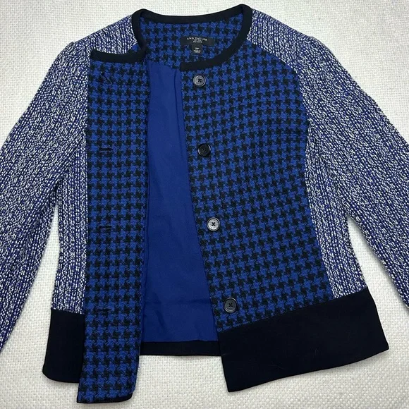 Ann Taylor Women's 2P Petite Blazer Blue Black Houndstooth Cotton Wool LS - Picture 7 of 13
